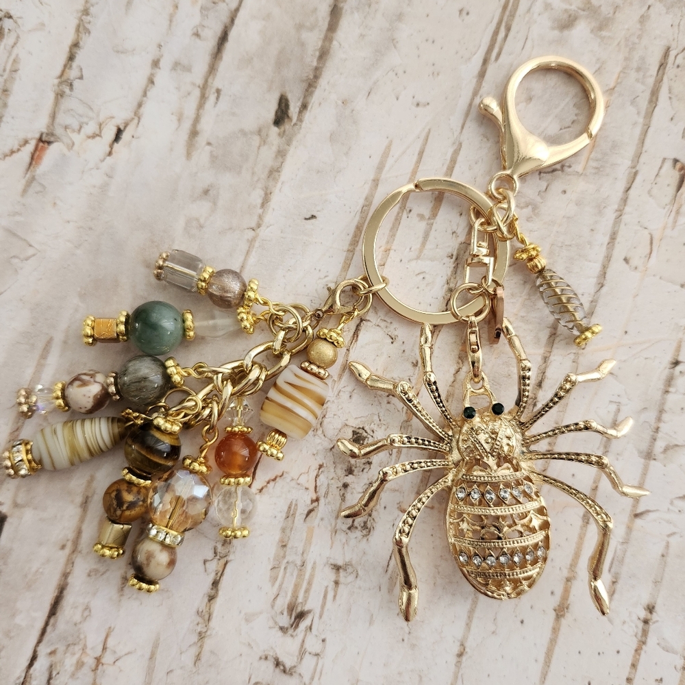 Rhinestone Spider Purse Charm or Keychain Handcrafted Glass Jasper Agate Stone